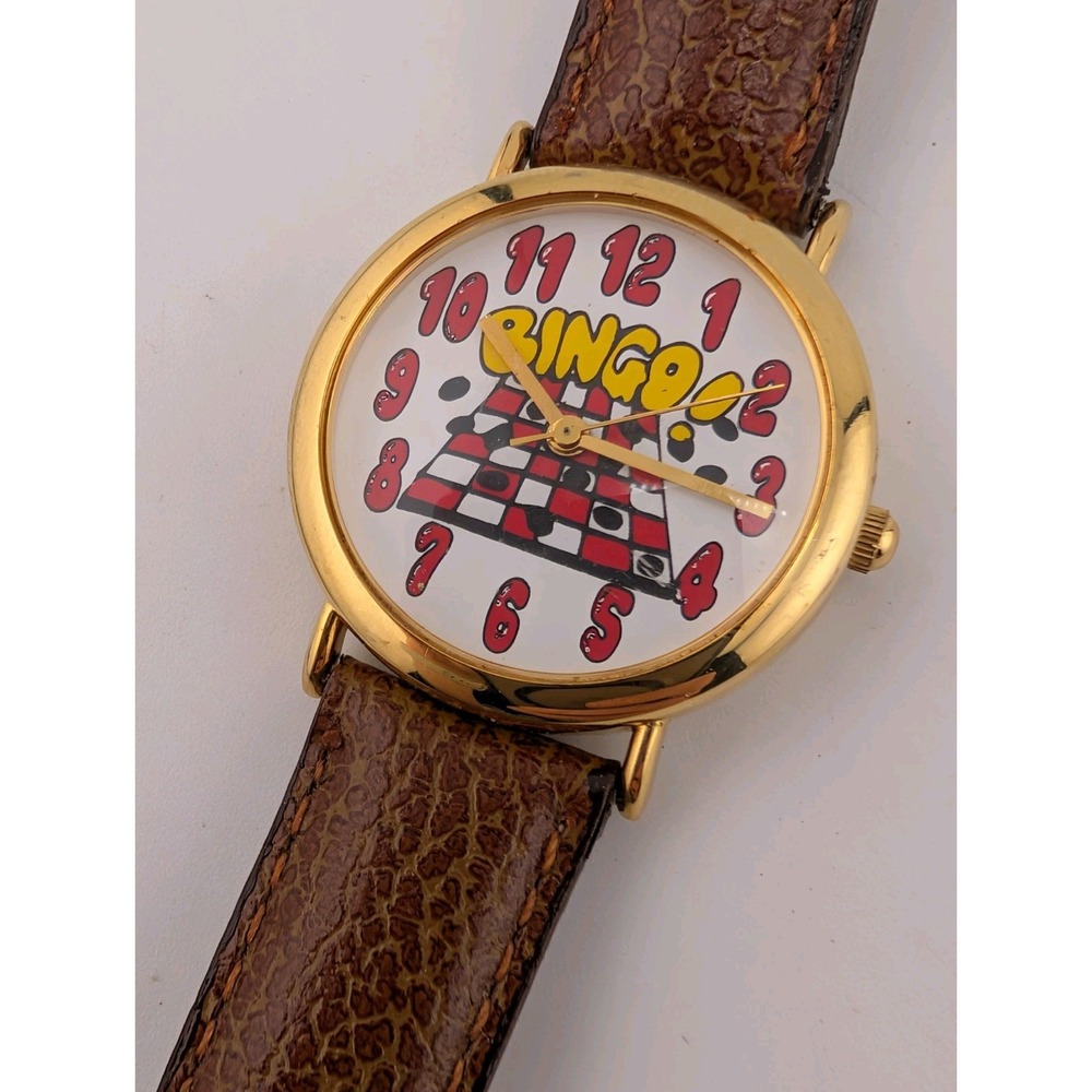 Dingbats Bingo Women's Watch 30mm Gold Case Brown Leather Band- New Battery